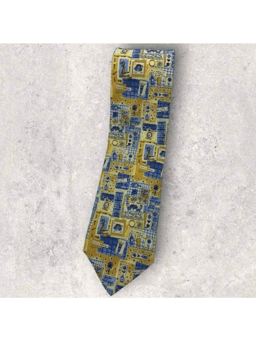 TIE RACK Silk Tie ITALY Yellow Blue PARIS IS BEAUTIFUL W:3.6" EUC